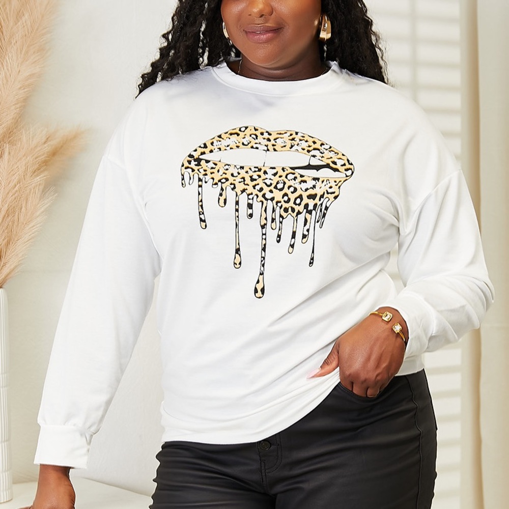 NEW Double Take Dripping Cheetah Lips Graphic Print Crewneck Sweatshirt